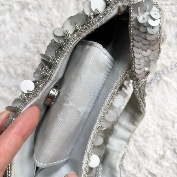 Cache silver beaded sequin mini evening bag convertible crossbody Y2K vintage - Picture 8 of 17